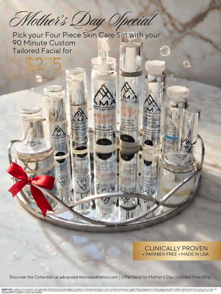 Various skincare products in silver containers, arranged on a white surface. The brand name, 
