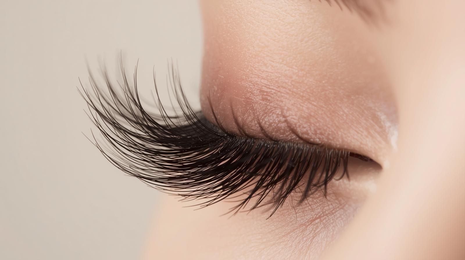 Close-up of a closed eye with long, dark eyelashes against a beige background.