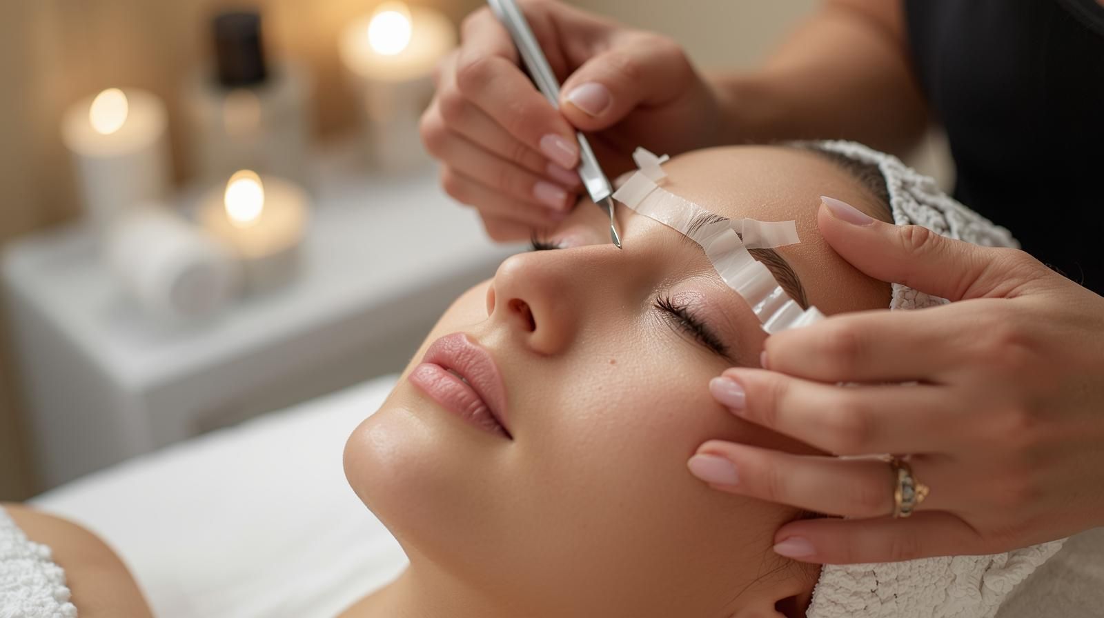 Woman getting eyelash extensions, hands of technician, close-up. Spa setting, candles.