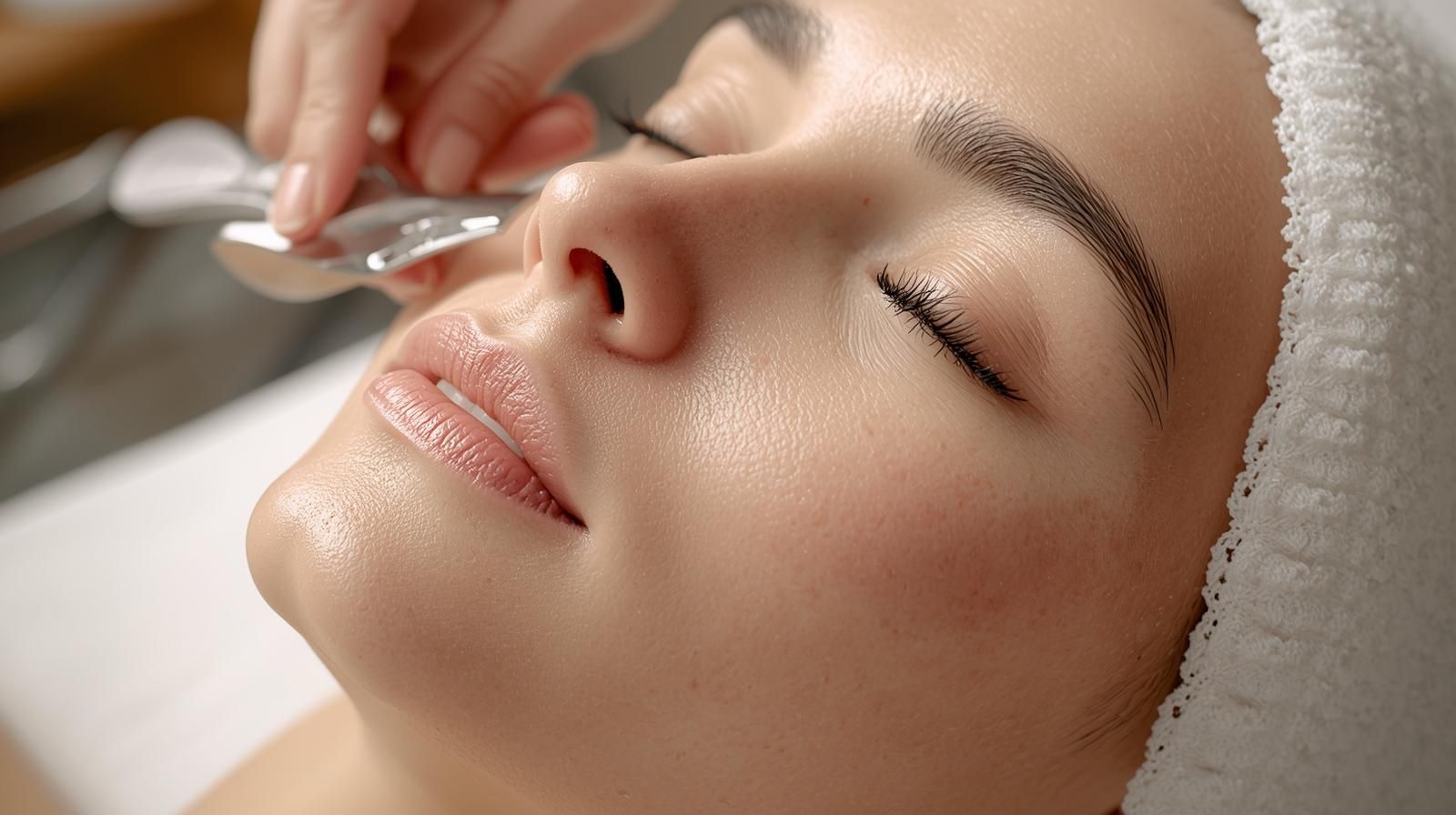 Woman receiving facial treatment, with closed eyes, in a spa setting.