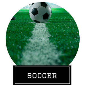 Soccer ball on a green field with a white center line and a “SOCCER” label below