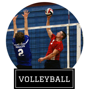 Two volleyball players jump at the net, one in blue blocking and one in red spiking the ball.
