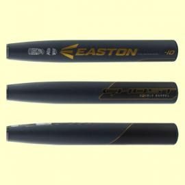 Three views of a black Easton baseball bat with gold lettering on a pale yellow background