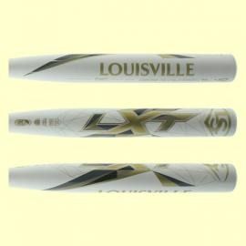 Three white Louisville baseball bats with black and gold graphics arranged horizontally on a pale yellow background