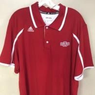 Red Adidas polo shirt with white trim hanging on a hanger