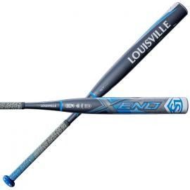 Louisville Slugger Velo baseball bat shown in blue and gray with black end cap.