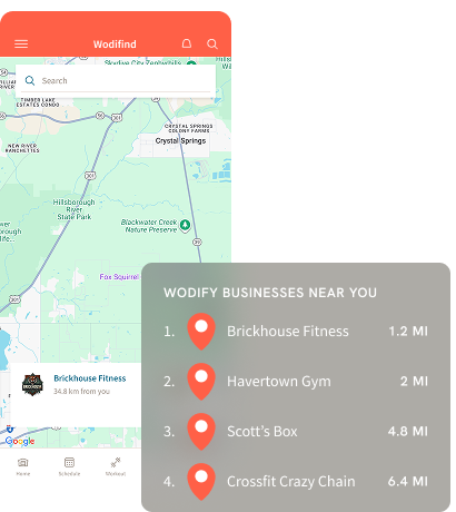 Mobile map app showing nearby businesses list, with red location pins and a gray panel overlay.