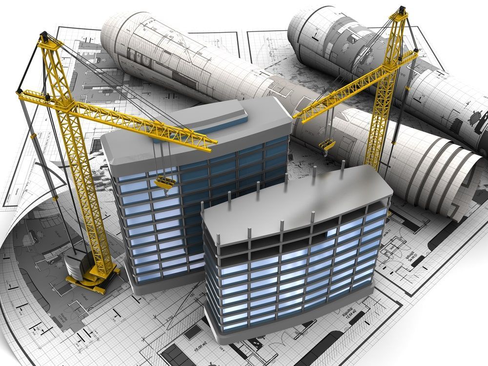 A 3d model of a building under construction with cranes and blueprints.