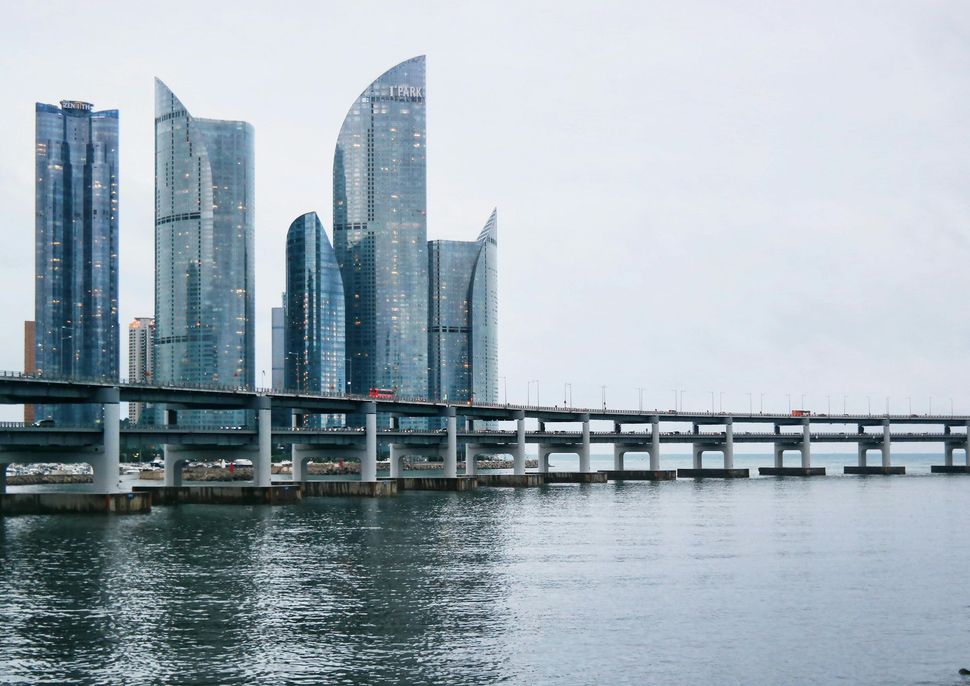 A bridge over a body of water with a city skyline in the background