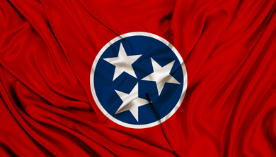 Tennessee State Flag slightly wrinkled as it lays on a flat surface