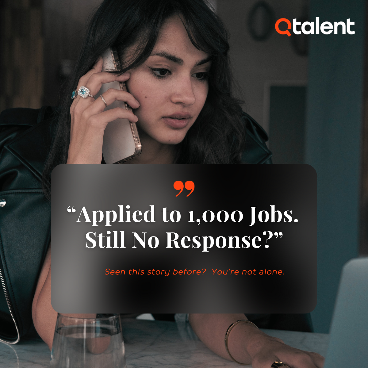 Frustrated job seeker on phone with laptop open, caption reads: “Applied to 1,000 Jobs. Still No Res