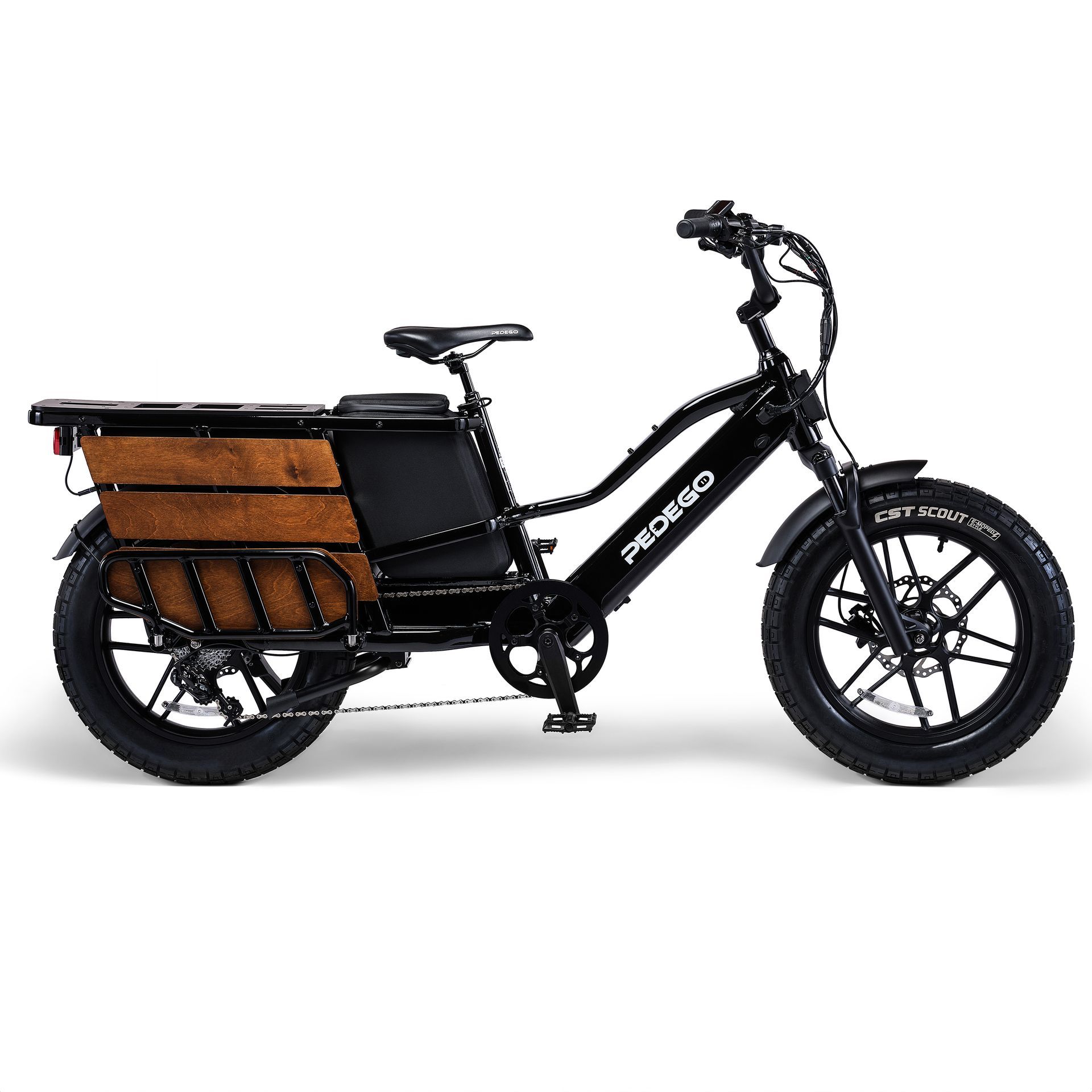 A black electric bike with a wooden box on the back.