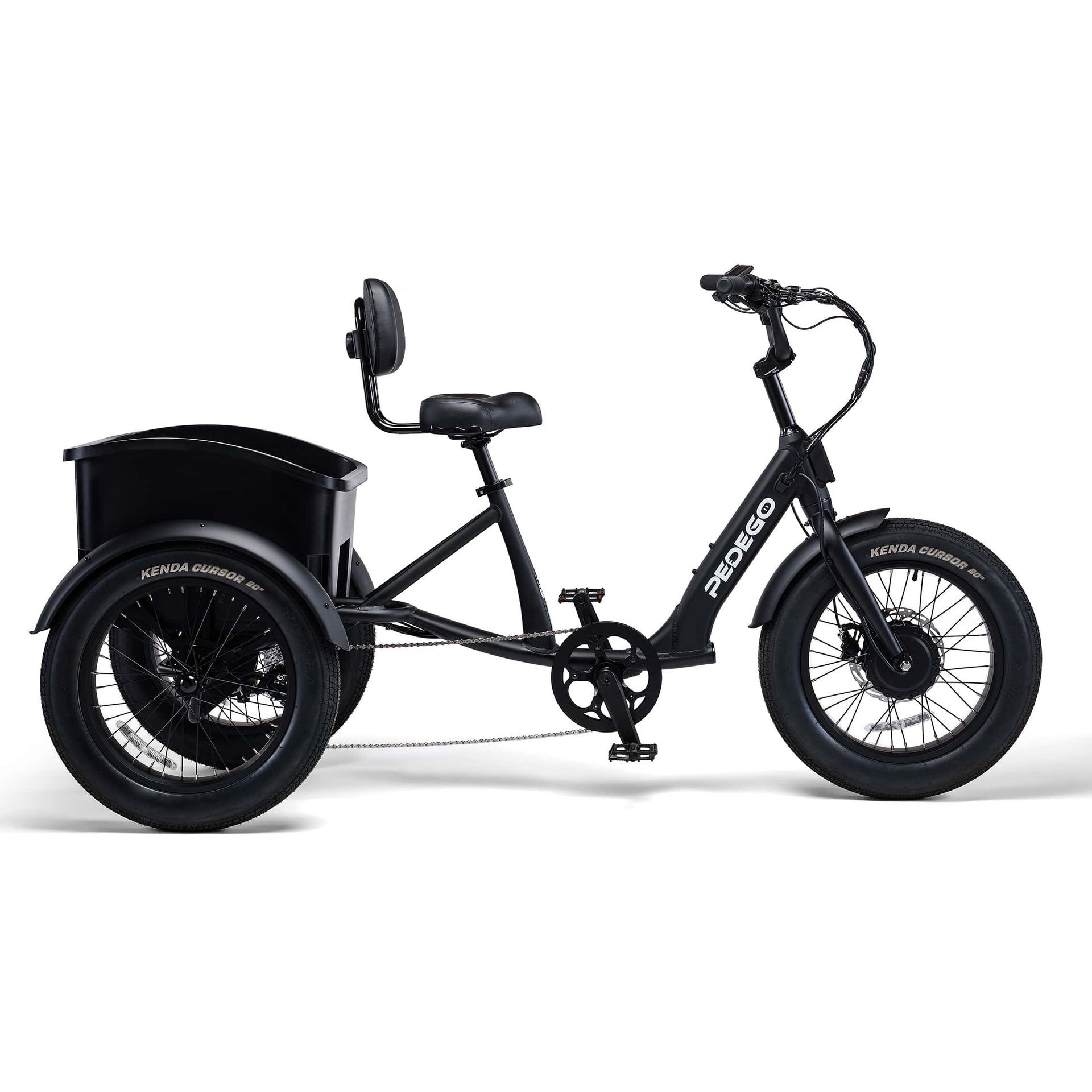 A black electric tricycle with a basket on the back is on a white background.