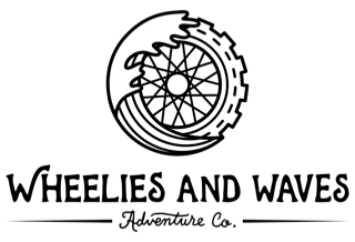 wheelies and waves logo with bike wheel that has wave on top