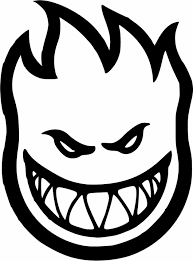 A black and white drawing of a smiling face with sharp teeth.