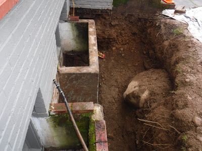 A hole in the ground next to a brick wall with a hose attached to it.