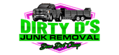 Logo for Dirty D's Junk Removal: green text on a pink & purple shape, a truck with a trailer. "Done Dirt Cheap"