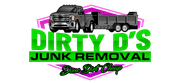 Logo for Dirty D's Junk Removal: green text on a pink & purple shape, a truck with a trailer. "Done Dirt Cheap"