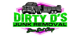 Logo for Dirty D's Junk Removal: green text on a pink & purple shape, a truck with a trailer. "Done Dirt Cheap"