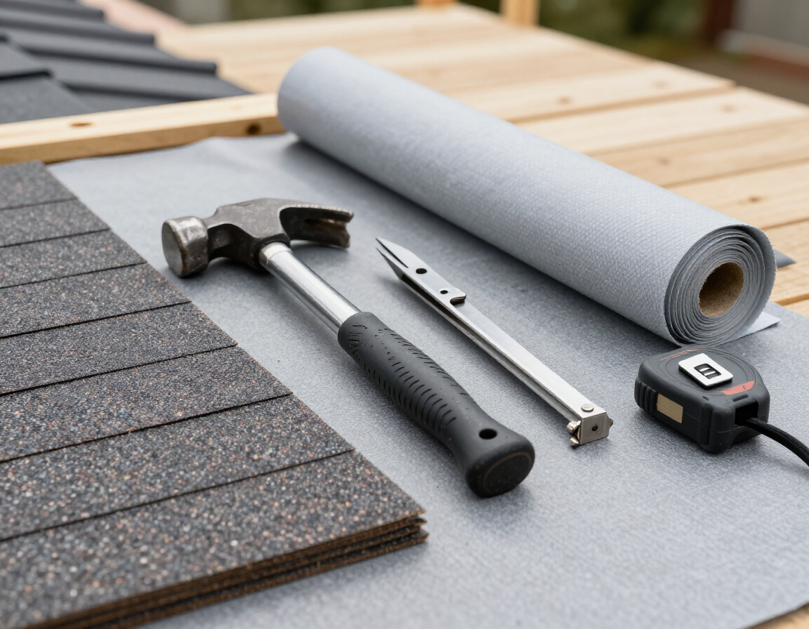 A claw hammer, utility knife, and tape measure sit on roofing underlayment next to a stack of asphalt roof shingles.