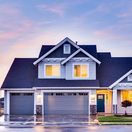 a house with a purple roof has a blue door