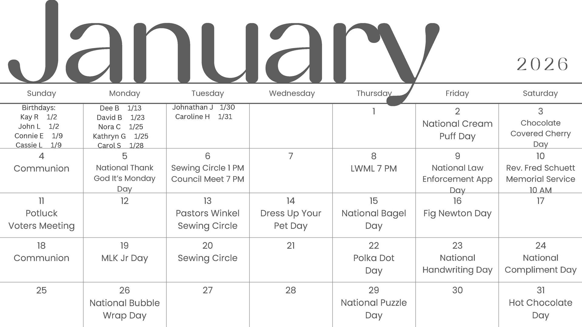 January church calendar