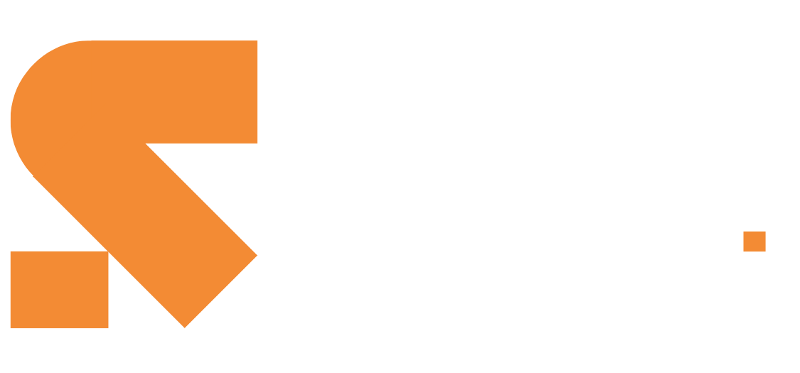 Orange geometric logo on white background with a small orange square at right
