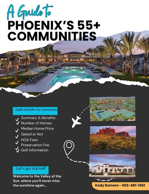 Phoenix 55+ communities brochure with pool, homes, amenities, and contact details