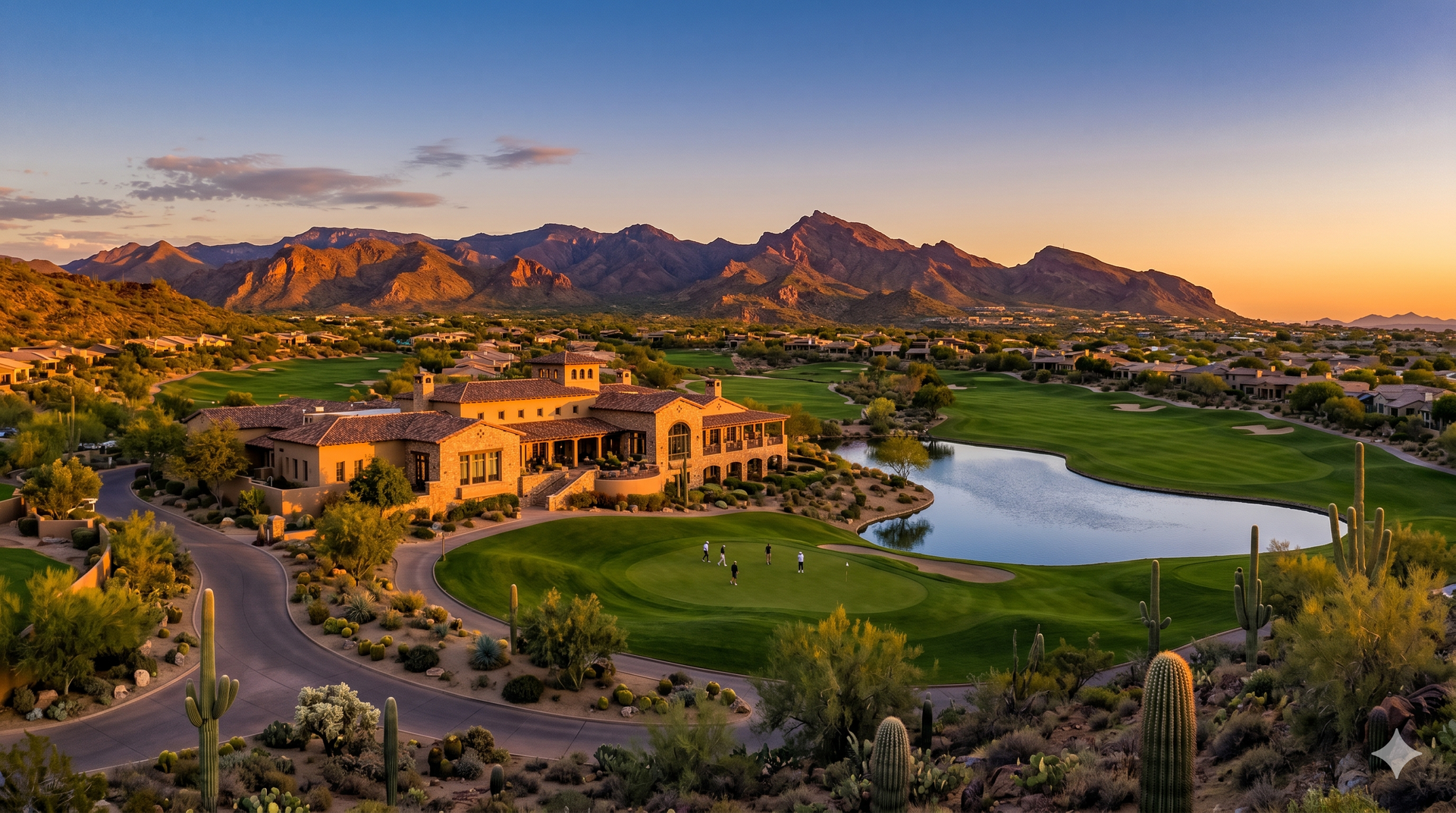 Desert resort with a golf course and pond at sunset, backed by mountains and cacti.