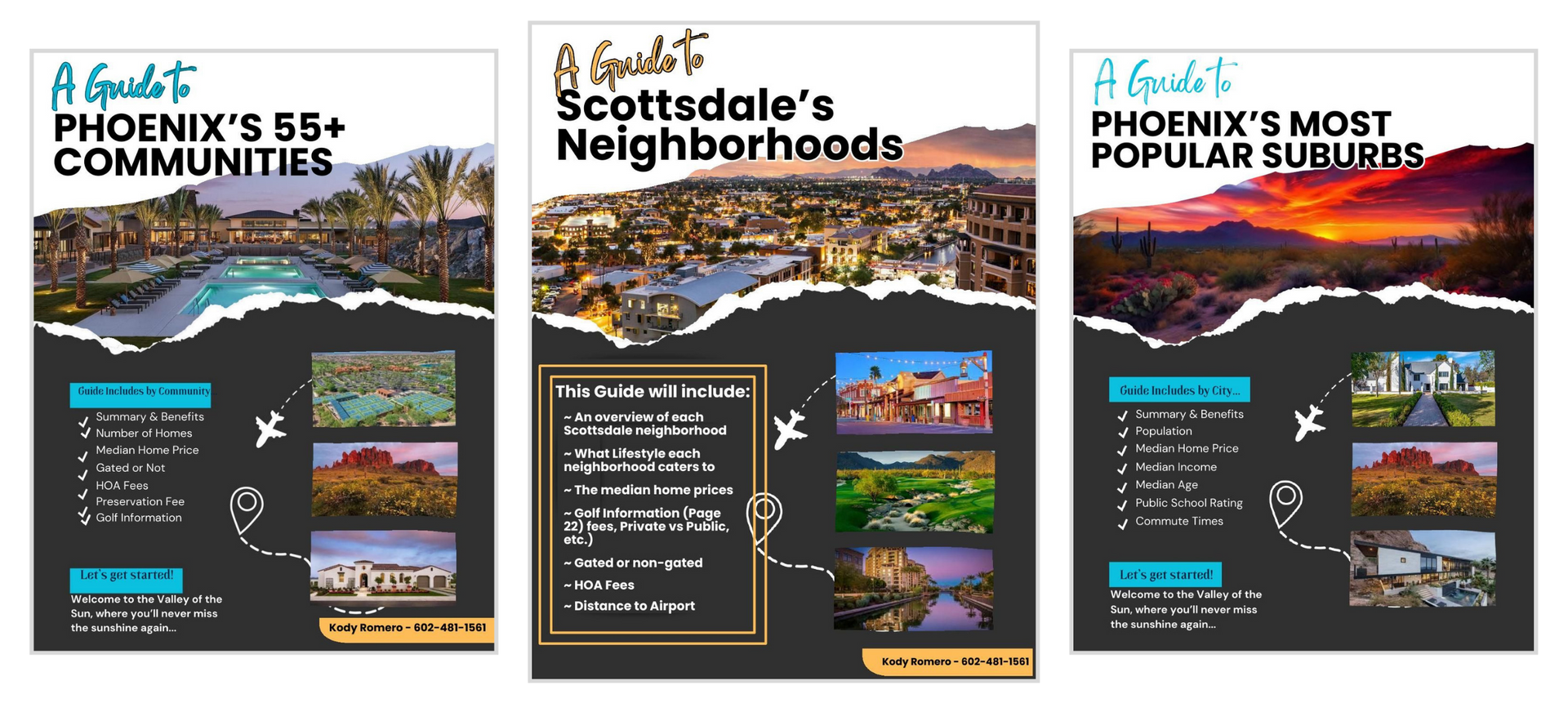 Three black real-estate promo cards on white: Phoenix’s communities, Scottsdale’s neighborhoods, and popular suburbs.