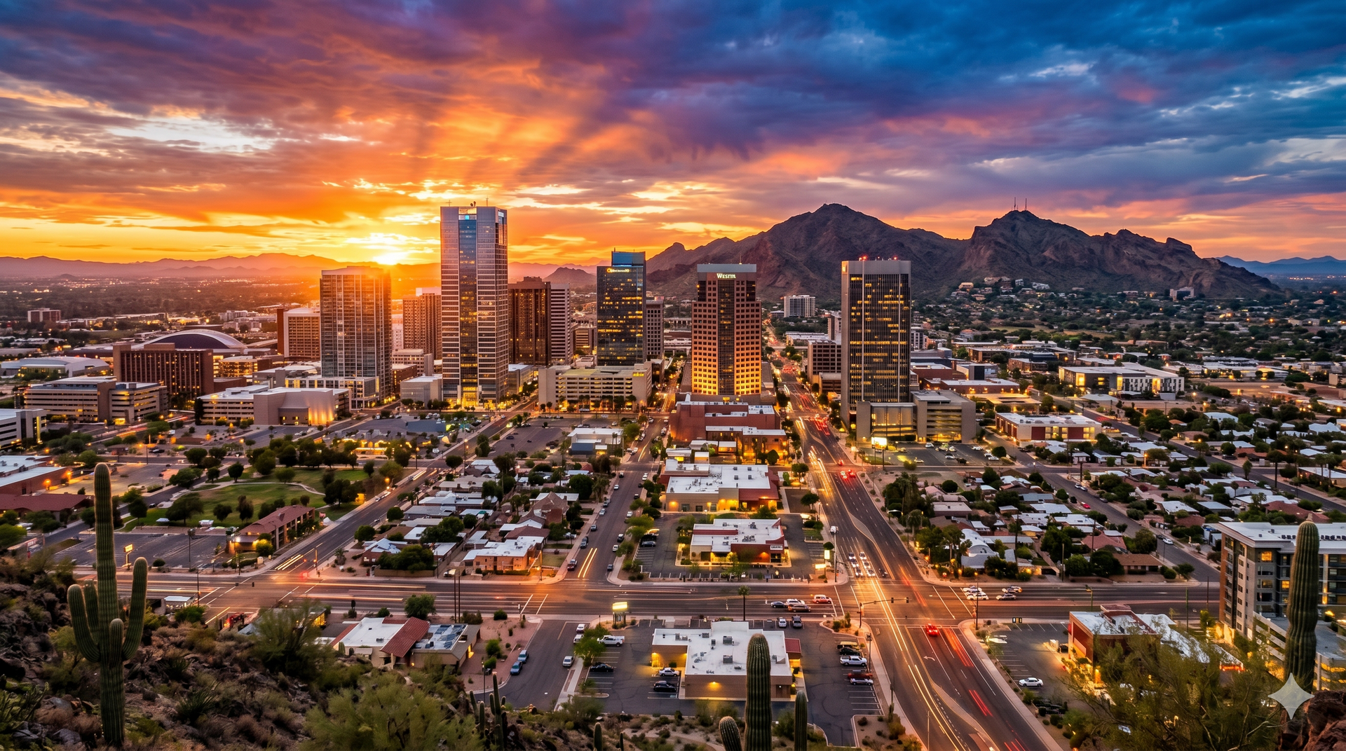 Sunset cityscape with glowing streets, tall buildings, and mountains in the distance