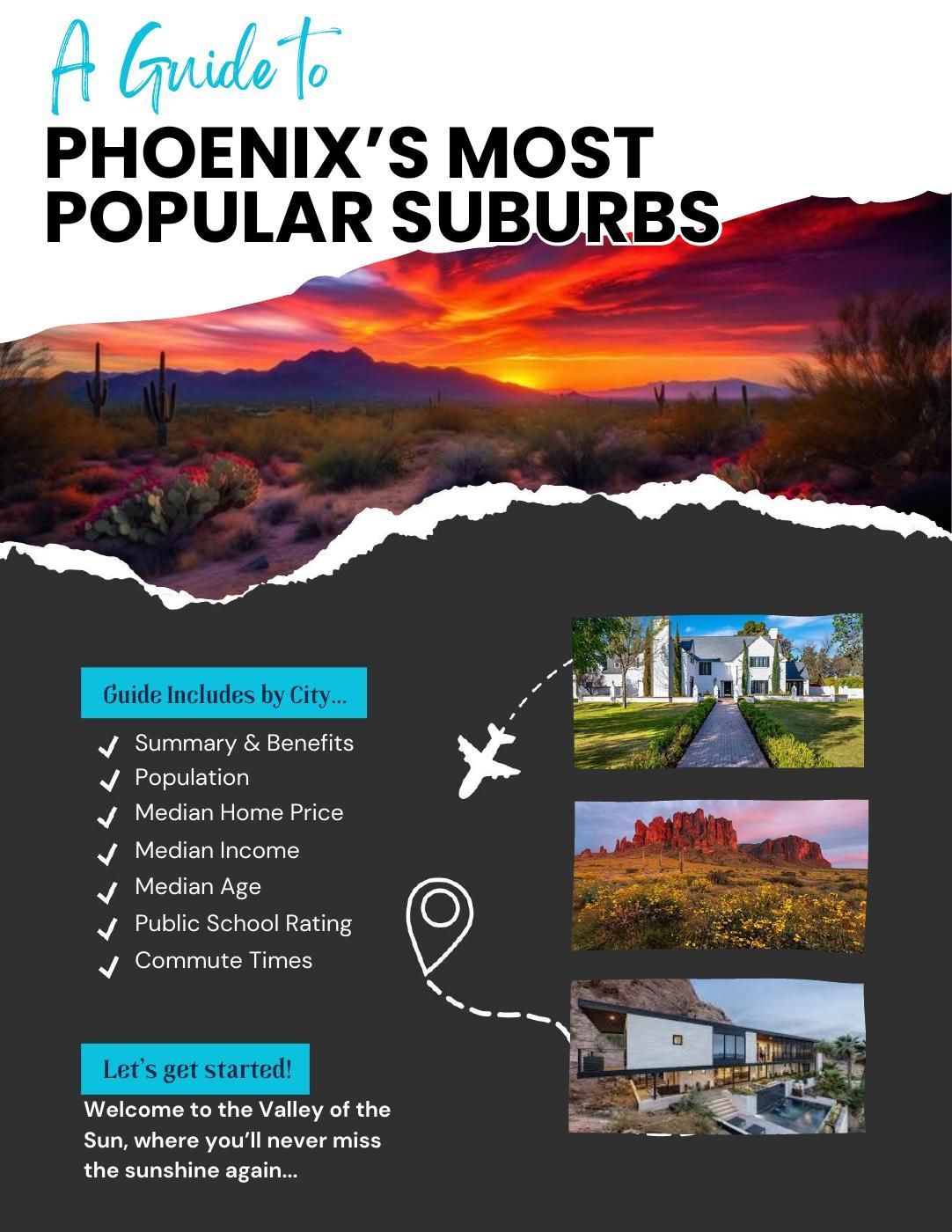 Infographic titled &ldquo;A guide to Phoenix&rsquo;s most popular suburbs&rdquo; with sunset landscape and neighborhood photos
