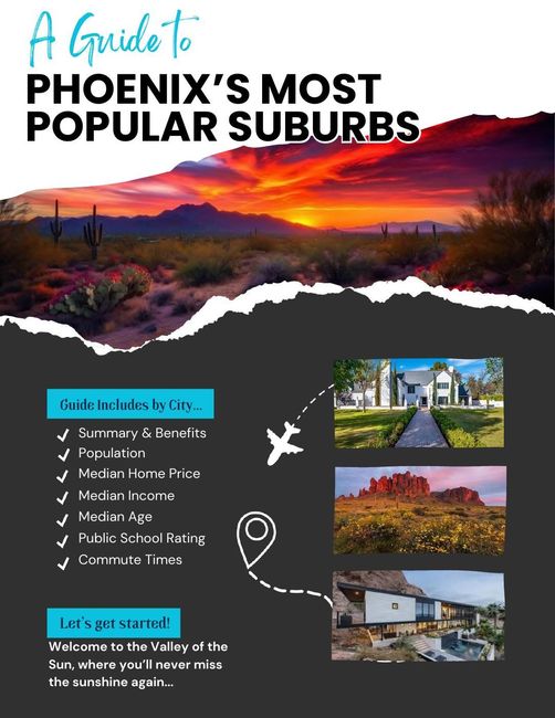 Infographic titled “A guide to Phoenix’s most popular suburbs” with sunset landscape and neighborhood photos