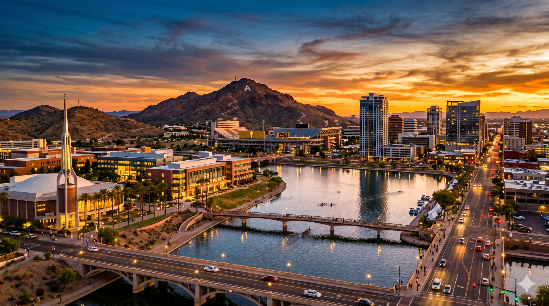 City skyline at sunset with a river, lit bridge, mountain backdrop, and orange clouds.