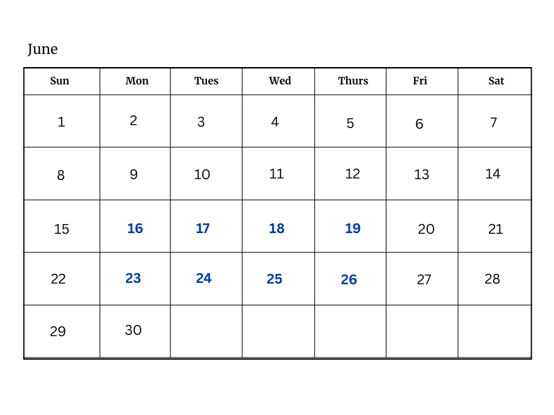 A calendar for june is shown on a white background