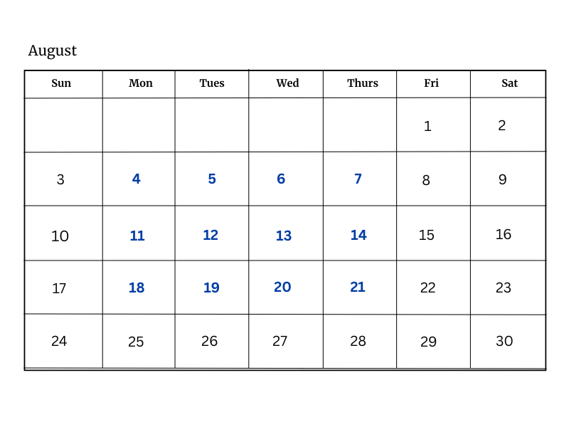 A calendar for august is shown on a white background