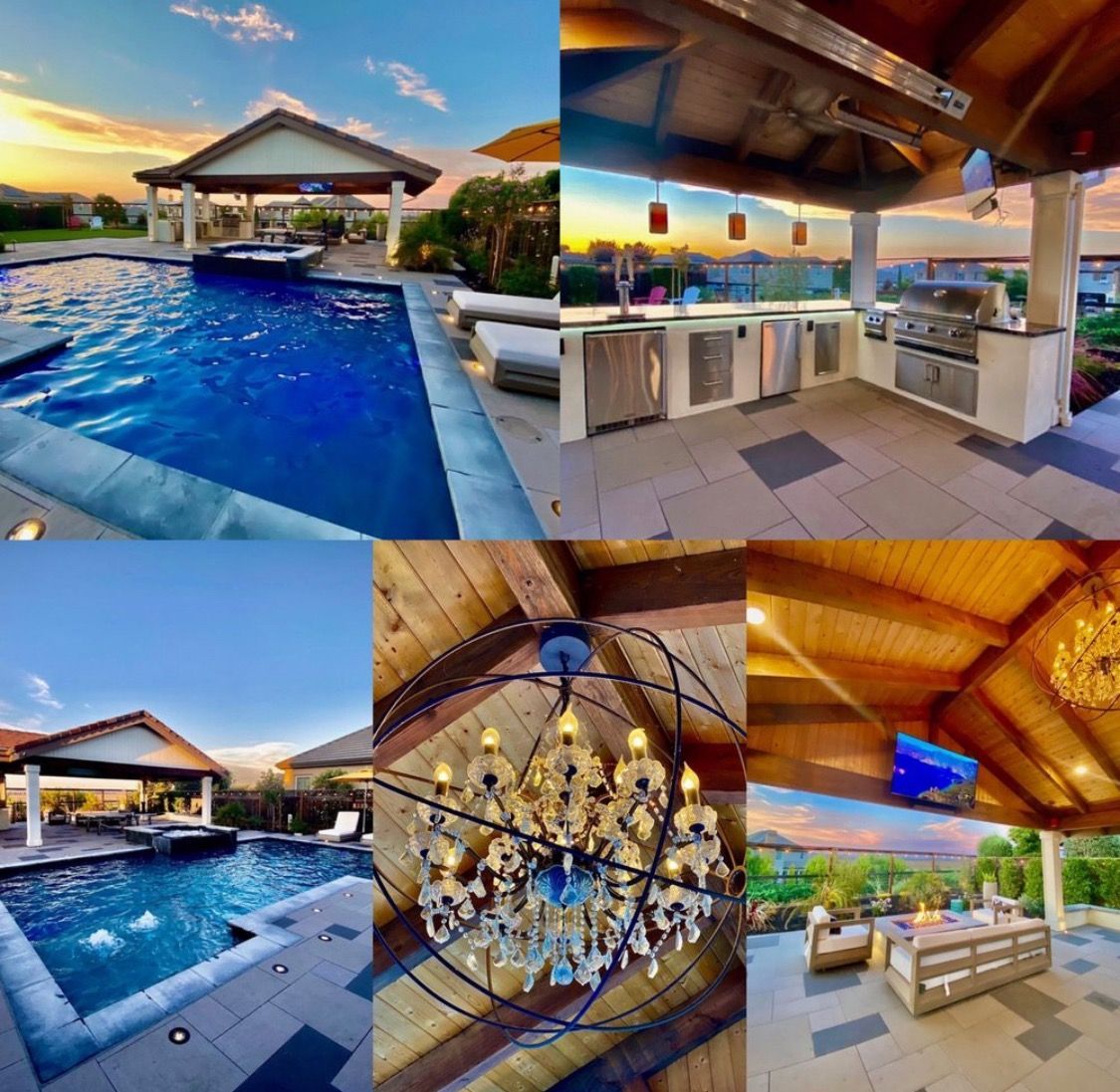 Outdoor kitchen and pool area with a gazebo, grill, and seating.