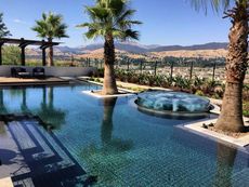 Luxury pool with palm trees, overlooking a cityscape and mountains under a blue sky.