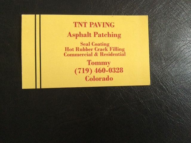 Yellow business card for TNT Paving. Includes services, Tommy's phone number, and Colorado.