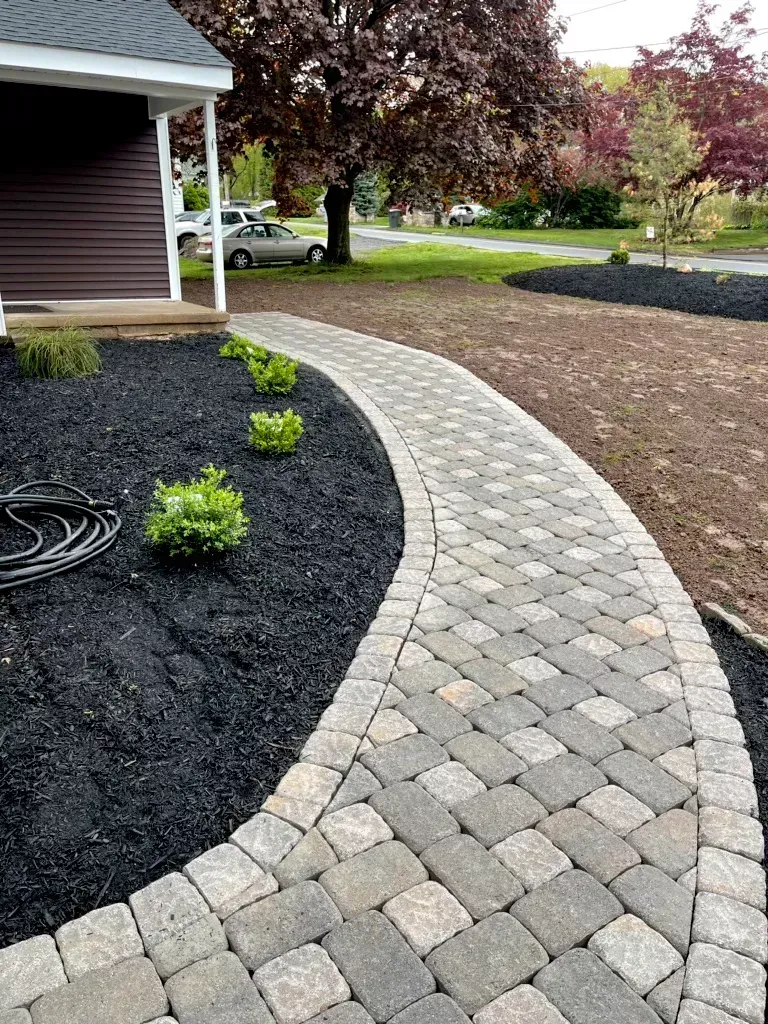A brick walkway leading to a house with a tree in the background.