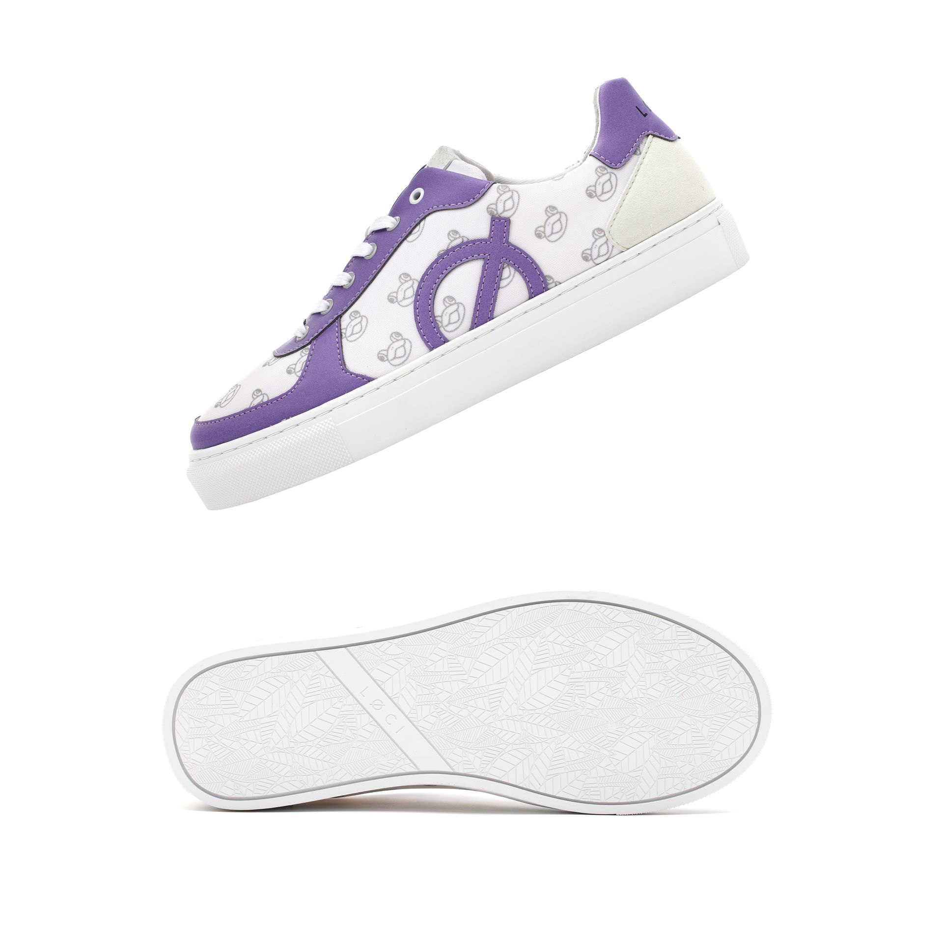 a pair of purple and white sneakers with a peace sign on them .