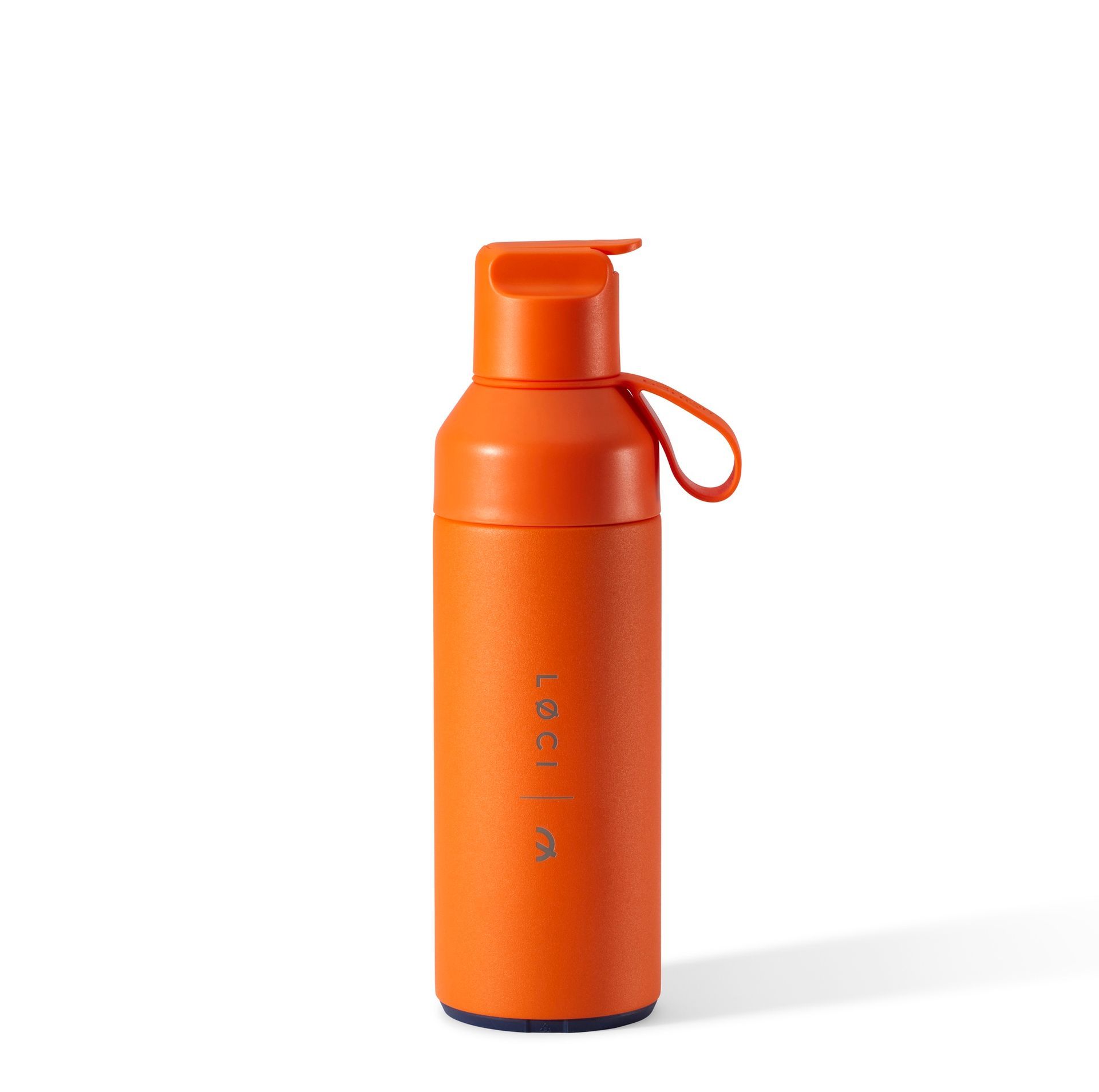 an orange water bottle with a handle on a white background