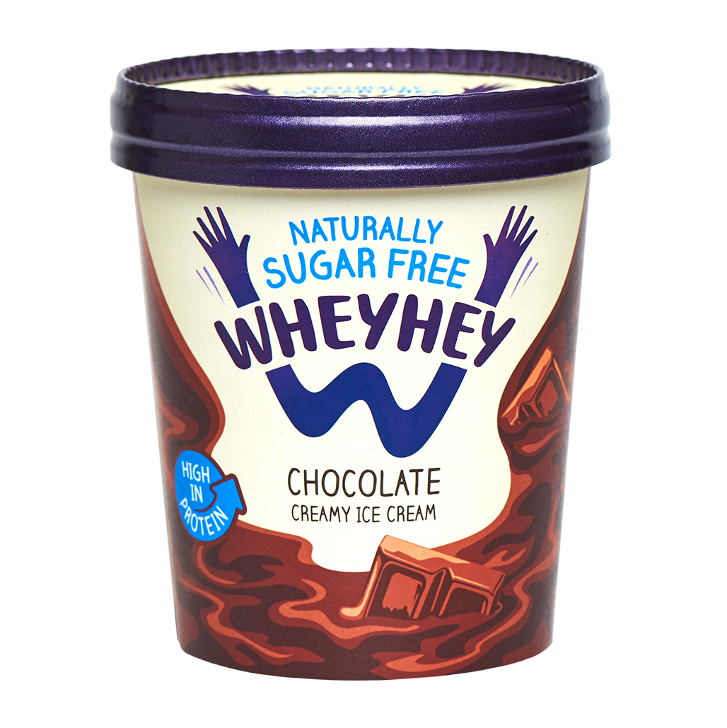 a cup of naturally sugar free wheyhey chocolate creamy ice cream