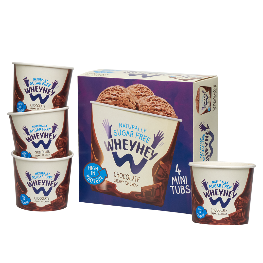 a box of wheyhey ice cream next to four cups of ice cream