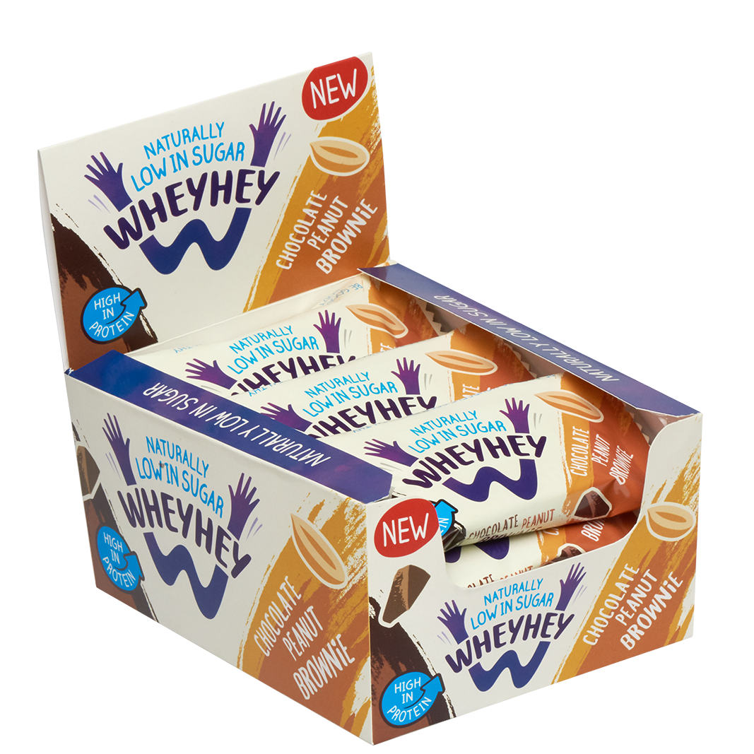 a box of wheyhey chocolate peanut brownie bars
