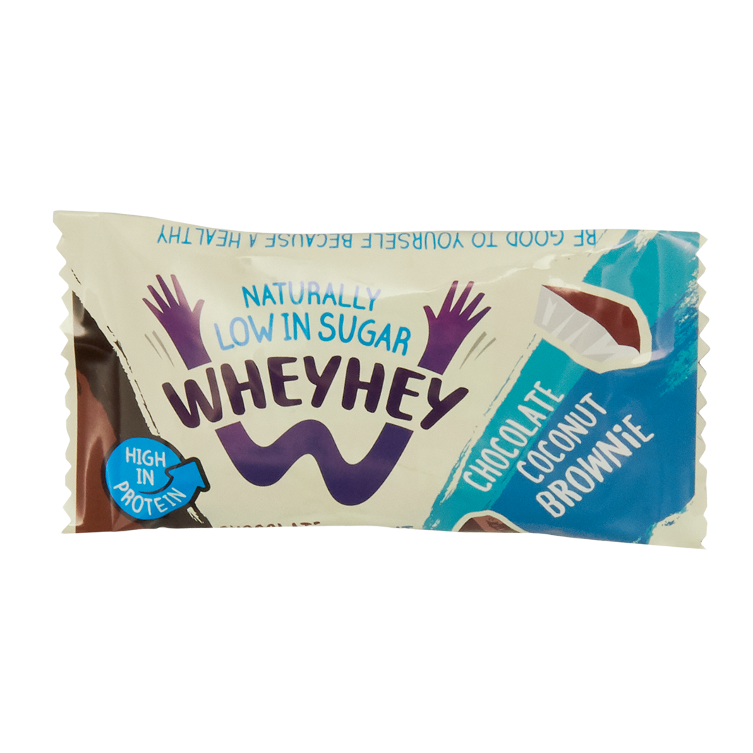 a package of wheyhey chocolate coconut brownie