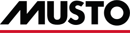 the musto logo is black and red on a white background .