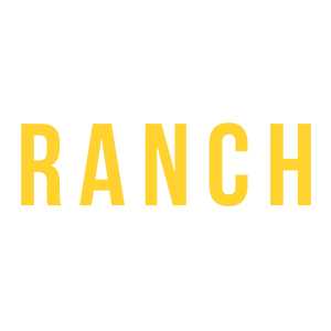 the word ranch is written in yellow letters on a white background .