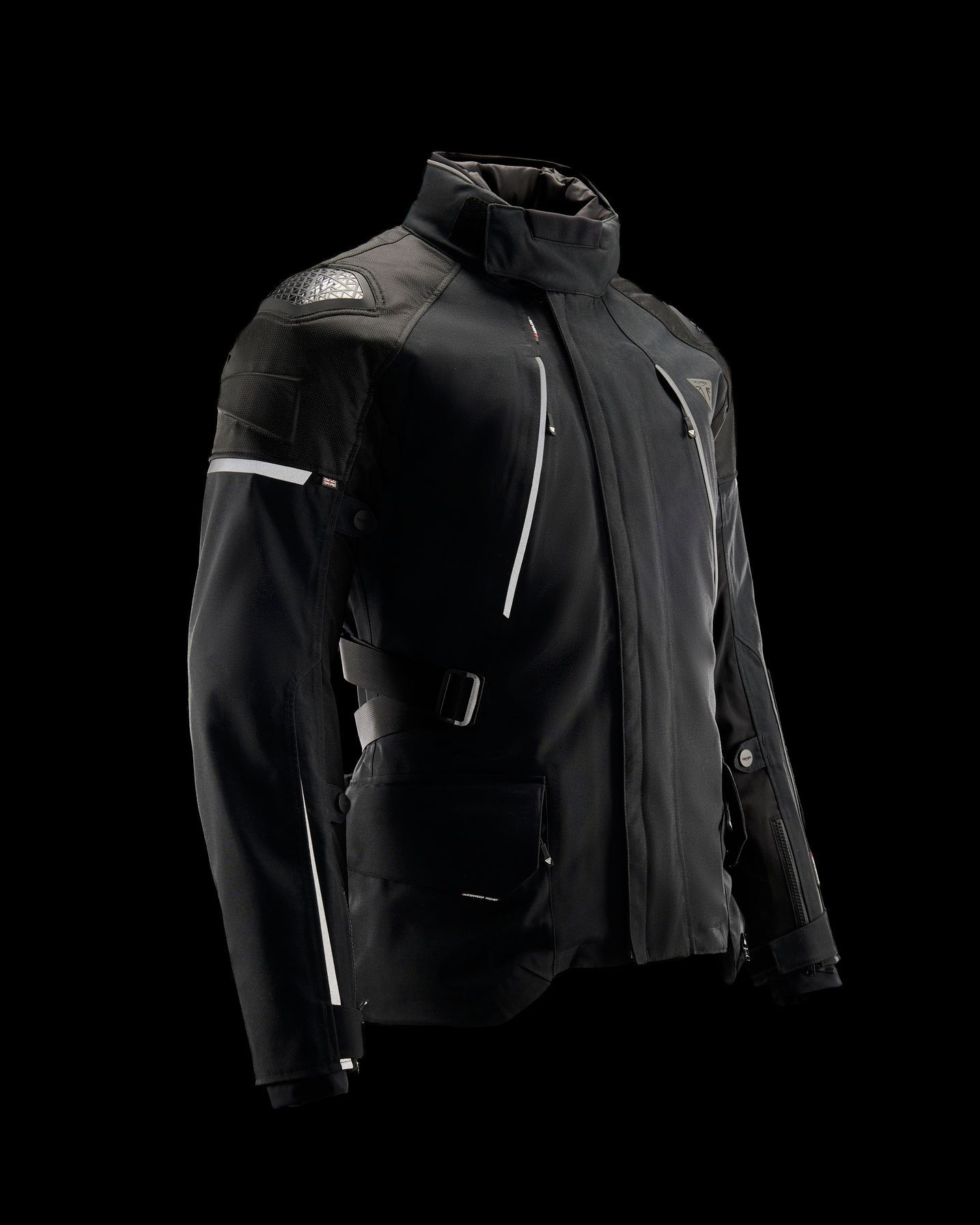 a black motorcycle jacket with white stripes on the sleeves