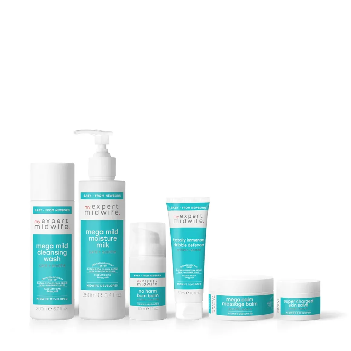 a group of bottles of skincare products are lined up on a white surface .